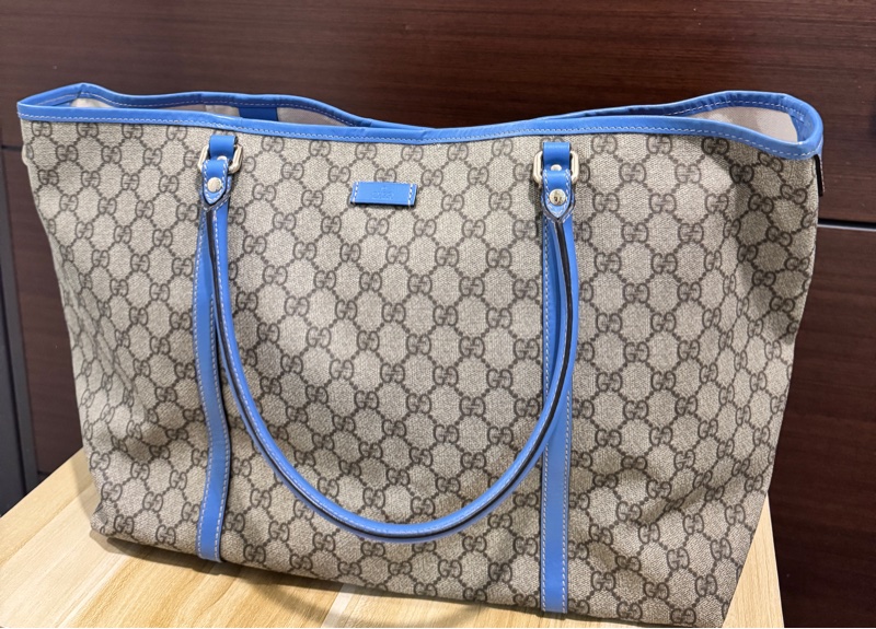 專櫃正品 GUCCI 古馳197954 藍邊GG紋 PVC TOTE 精品包 托特包 肩背包 購物包-6