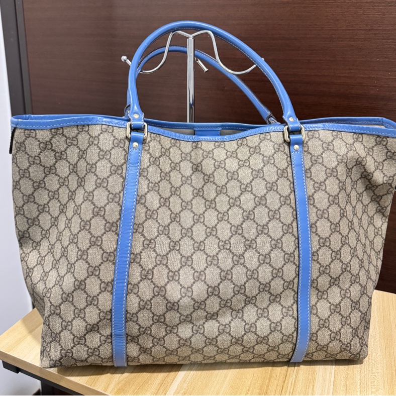 專櫃正品 GUCCI 古馳197954 藍邊GG紋 PVC TOTE 精品包 托特包 肩背包 購物包-7