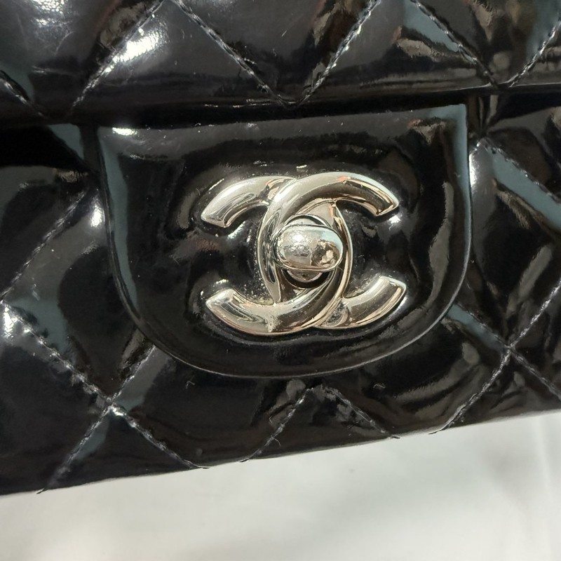 CHANEL香奈兒 CF 大mini 銀扣 菱格紋皮穿鏈 漆皮 口蓋包 肩背包斜背包 17開-14