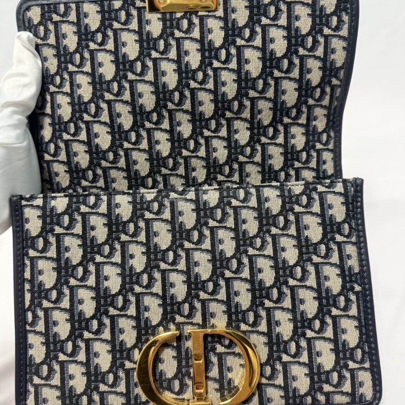 DIOR迪奧 30 Montaigne Oblique老花刺繡蒙田包盒子包藍色 小號 肩背包 斜背包-21