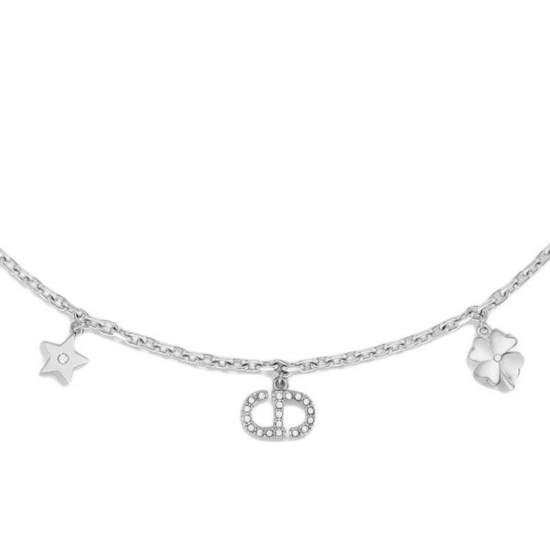 DIOR迪奧 Lucky系列 徽標設計 樹脂珍珠 項鍊 男女同款情侶款 銀色-2