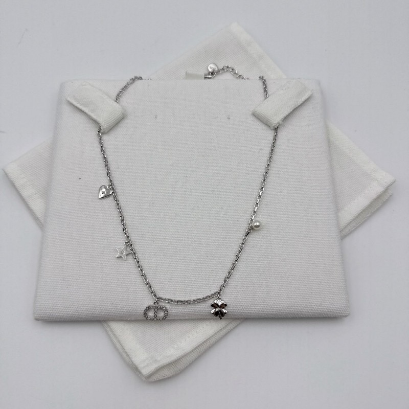 DIOR迪奧 Lucky系列 徽標設計 樹脂珍珠 項鍊 男女同款情侶款 銀色-3