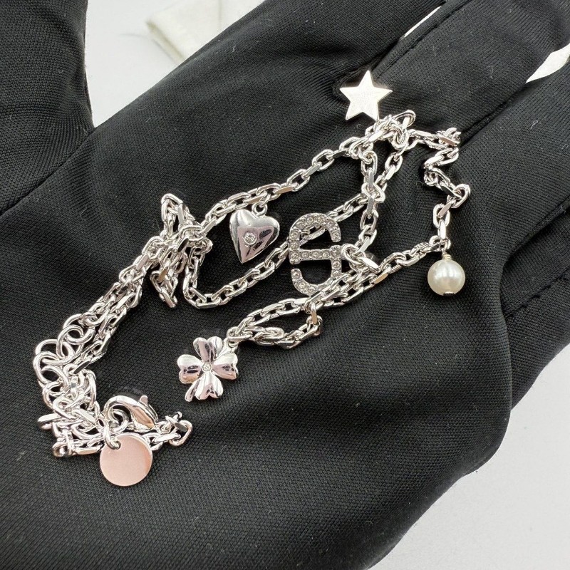 DIOR迪奧 Lucky系列 徽標設計 樹脂珍珠 項鍊 男女同款情侶款 銀色-4