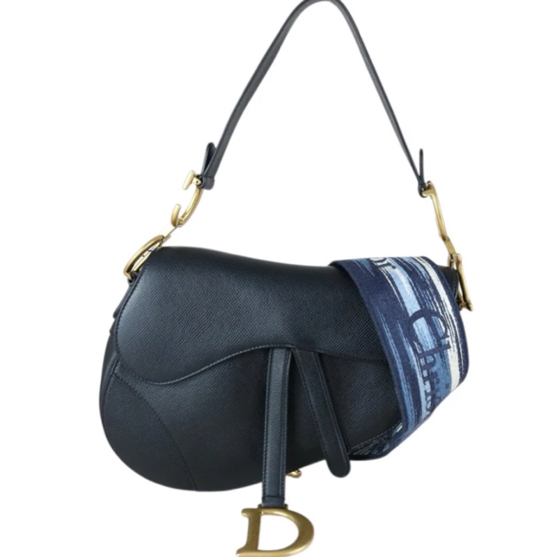 「JL精品代購」 97新 Dior全皮黑色金扣中號馬鞍包-0