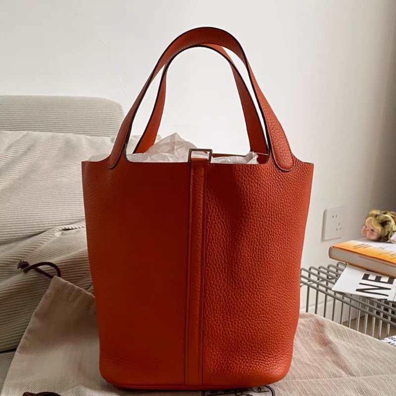 Hermes愛馬仕 菜籃子22 橘色銀扣 Z刻-0