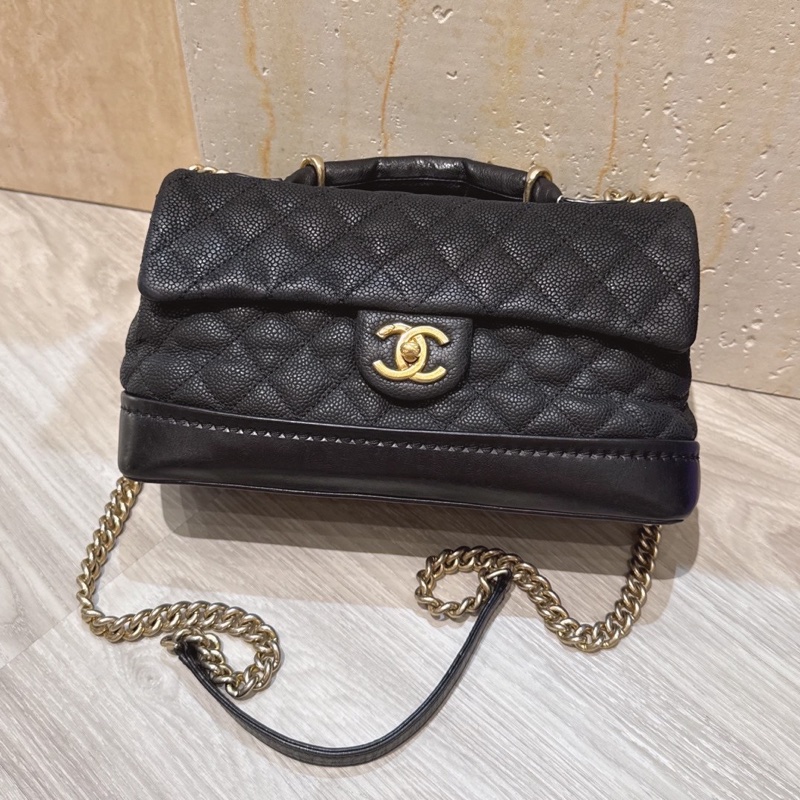 CHANEL 黑色軟荔枝牛皮手提包 18開-0