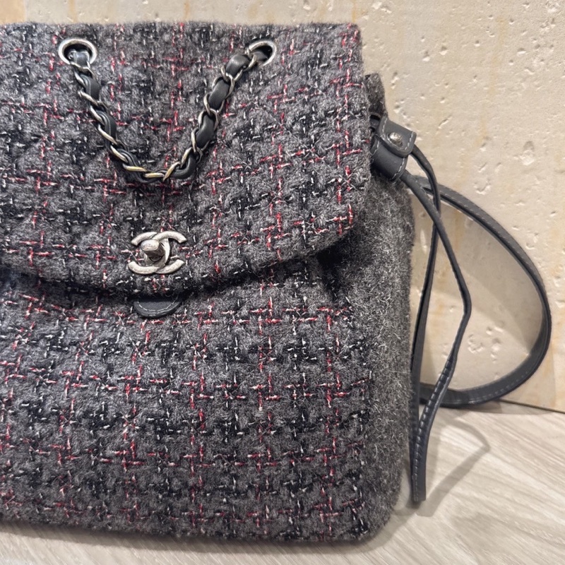 CHANEL 灰色毛呢雙肩包後背包 23開-2