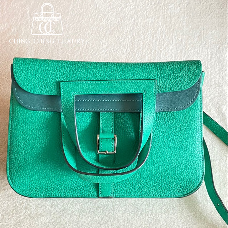 🌈Hermes💚Halzan 25💚竹子綠內拼孔雀綠銀扣🌟99新🌟TC皮🌟Stamp Z🌟-0