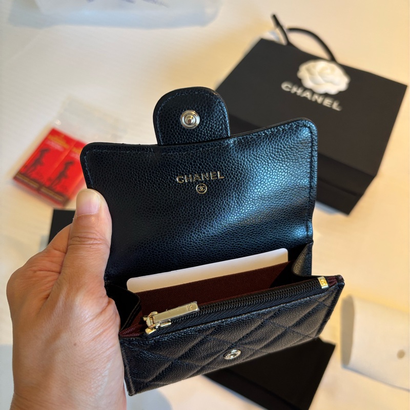CHANEL AP4096 黑淡金 荔枝 拉鍊單層卡包 晶片款-1