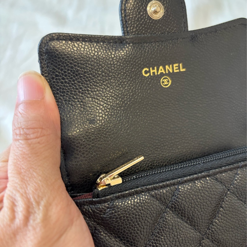 CHANEL AP4096 黑淡金 荔枝 拉鍊單層卡包 晶片款-4