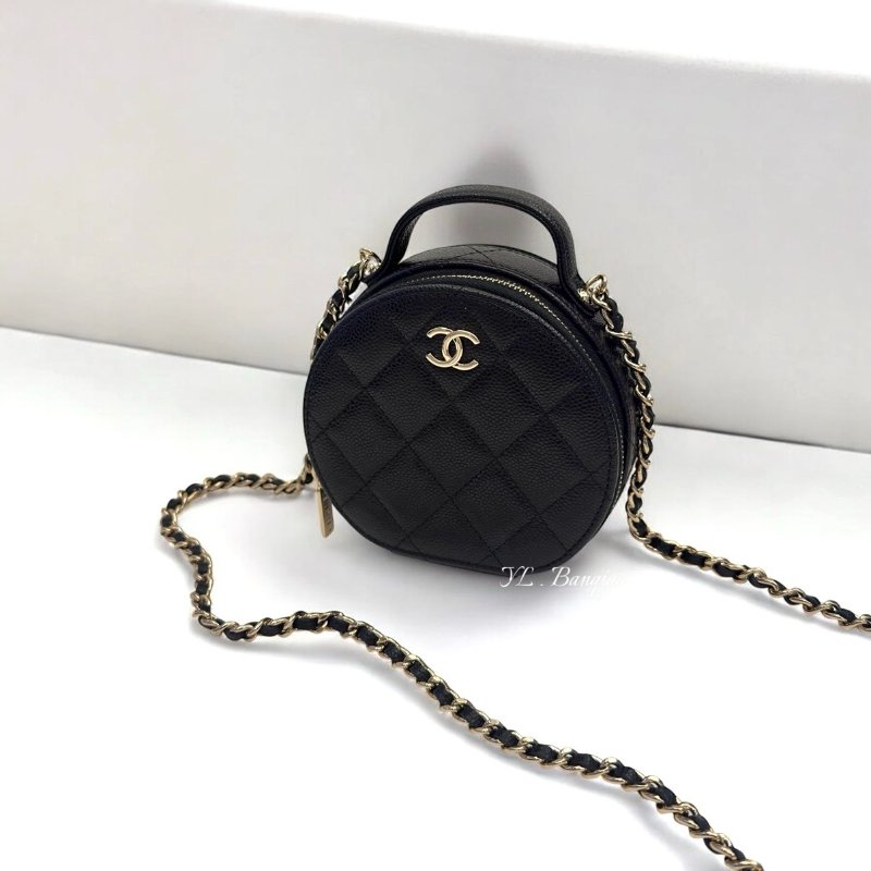 Chanel 黑荔枝淡金釦雙層迷你兩用圓餅包AP2502-0