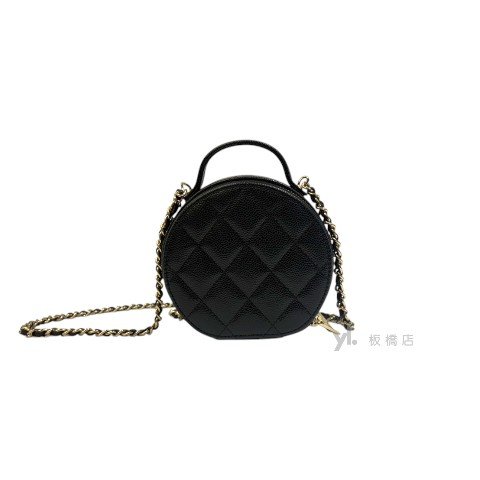 Chanel 黑荔枝淡金釦雙層迷你兩用圓餅包AP2502-4