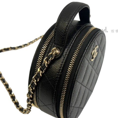 Chanel 黑荔枝淡金釦雙層迷你兩用圓餅包AP2502-7