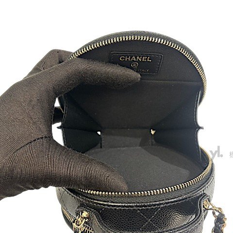 Chanel 黑荔枝淡金釦雙層迷你兩用圓餅包AP2502-9