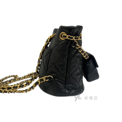Chanel 黑羊皮金釦子母袋迷你束口後背包AS3947-2