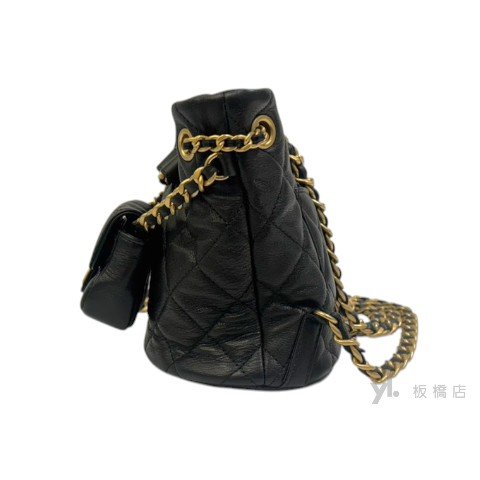 Chanel 黑羊皮金釦子母袋迷你束口後背包AS3947-3
