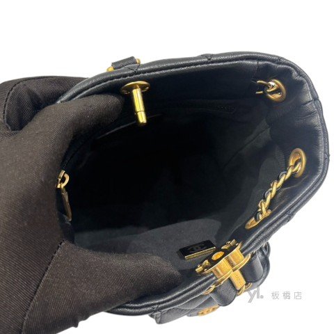 Chanel 黑羊皮金釦子母袋迷你束口後背包AS3947-8