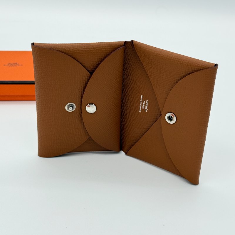 HERMES 愛馬仕 金棕色  Epsom 牛皮 銀釦 Duo Calvi 雙面 零錢包 卡包｜B刻 2023年-1
