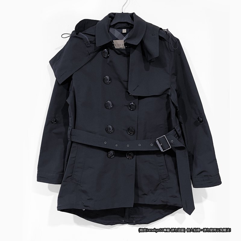 (全新特價)正品購入Burberry博柏利-黑色雙排扣連帽(可拆式)短版風衣外套- UK12/USA10/GER40-0
