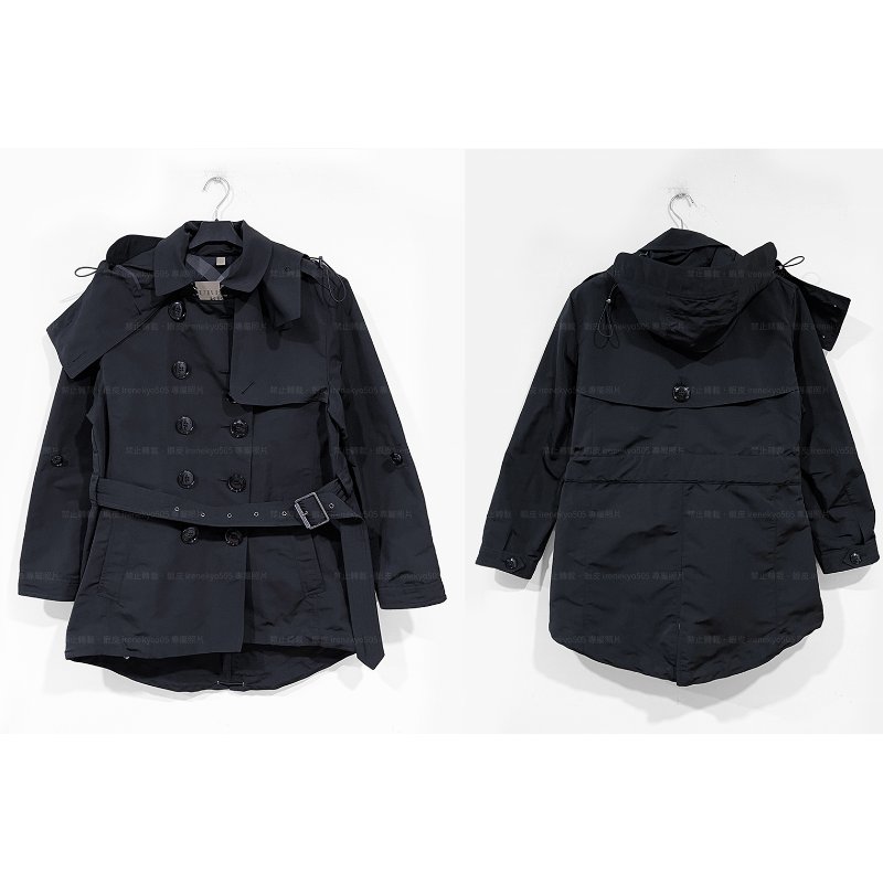 (全新特價)正品購入Burberry博柏利-黑色雙排扣連帽(可拆式)短版風衣外套- UK12/USA10/GER40-1