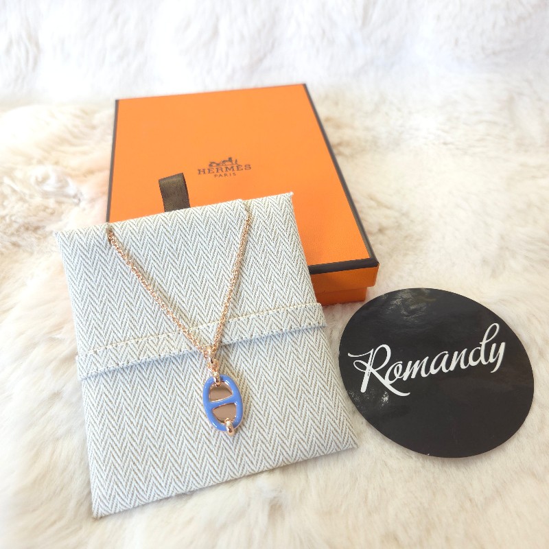 Hermès Mini Maillon 豬鼻墜飾項鍊 藍/玫瑰金-0