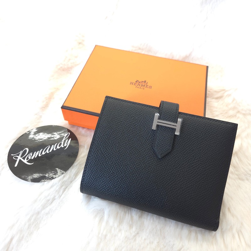 Hermès Bearn H 銀釦短夾 黑-0