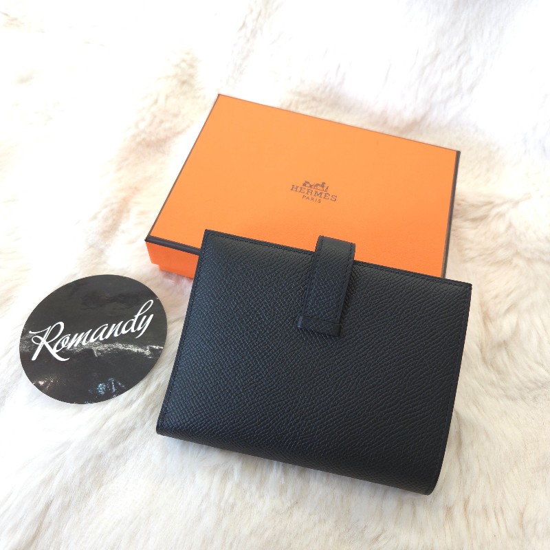 Hermès Bearn H 銀釦短夾 黑-1