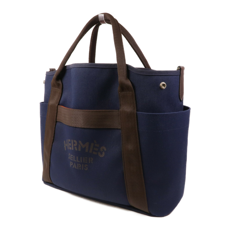 HERMES 帆布Sac De Pansage Groom手挽肩背兩用袋Bleu Indigo/Feu-2