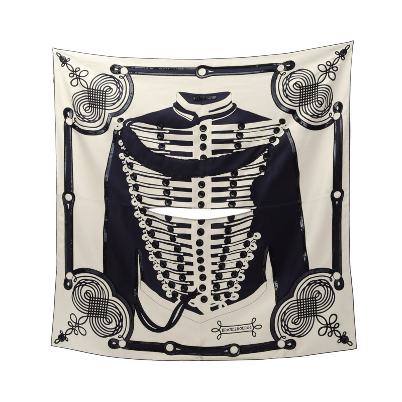 HERMES Carre90 BRANDE BOURGS TATTOO 圍巾 絲綢 白色 海軍藍 二手 女士-0