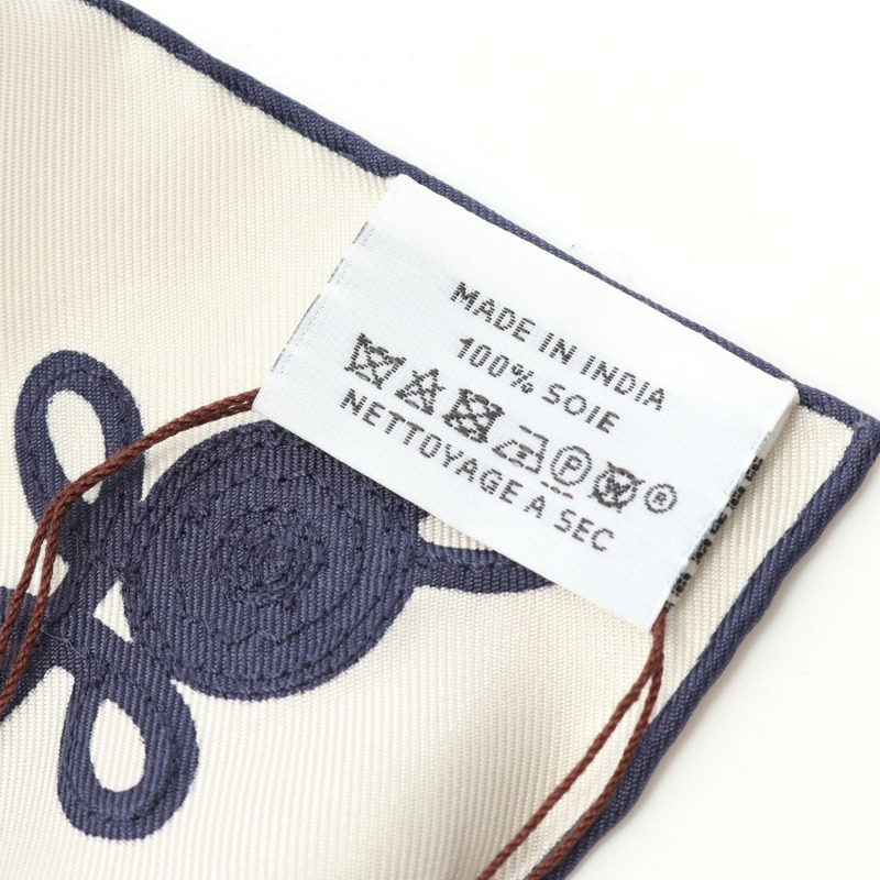 HERMES Carre90 BRANDE BOURGS TATTOO 圍巾 絲綢 白色 海軍藍 二手 女士-2