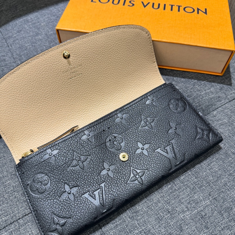 全新LV Emilie 黑色壓紋牛皮拼米色內裏金釦開釦長夾 皮夾 M62369-6