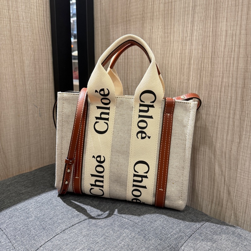 CHLOE Woody 小款米白色帆布拼焦糖皮革托特包 手提包斜背包-0