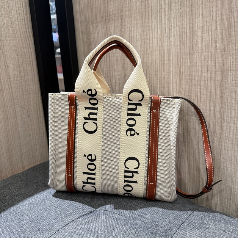 CHLOE Woody 小款米白色帆布拼焦糖皮革托特包 手提包斜背包-1