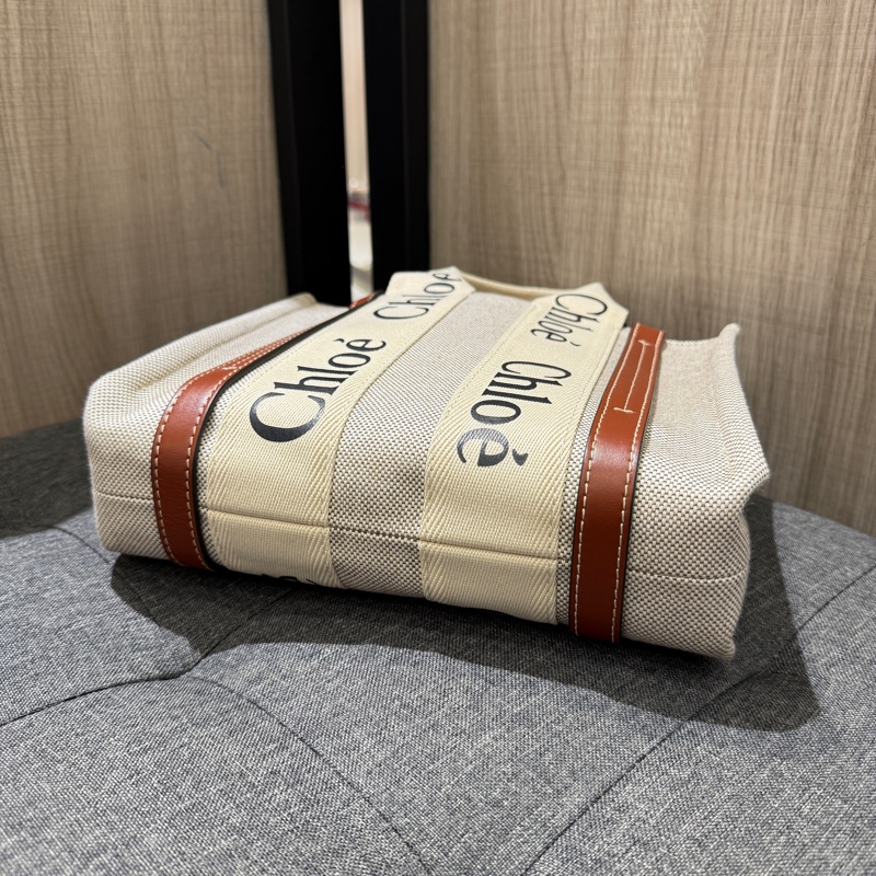 CHLOE Woody 小款米白色帆布拼焦糖皮革托特包 手提包斜背包-3