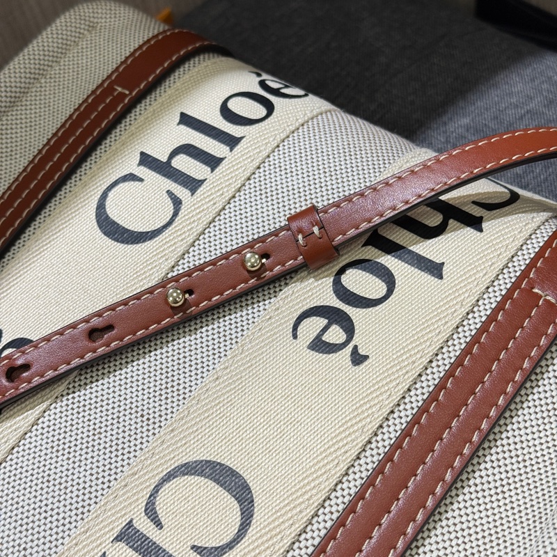 CHLOE Woody 小款米白色帆布拼焦糖皮革托特包 手提包斜背包-7