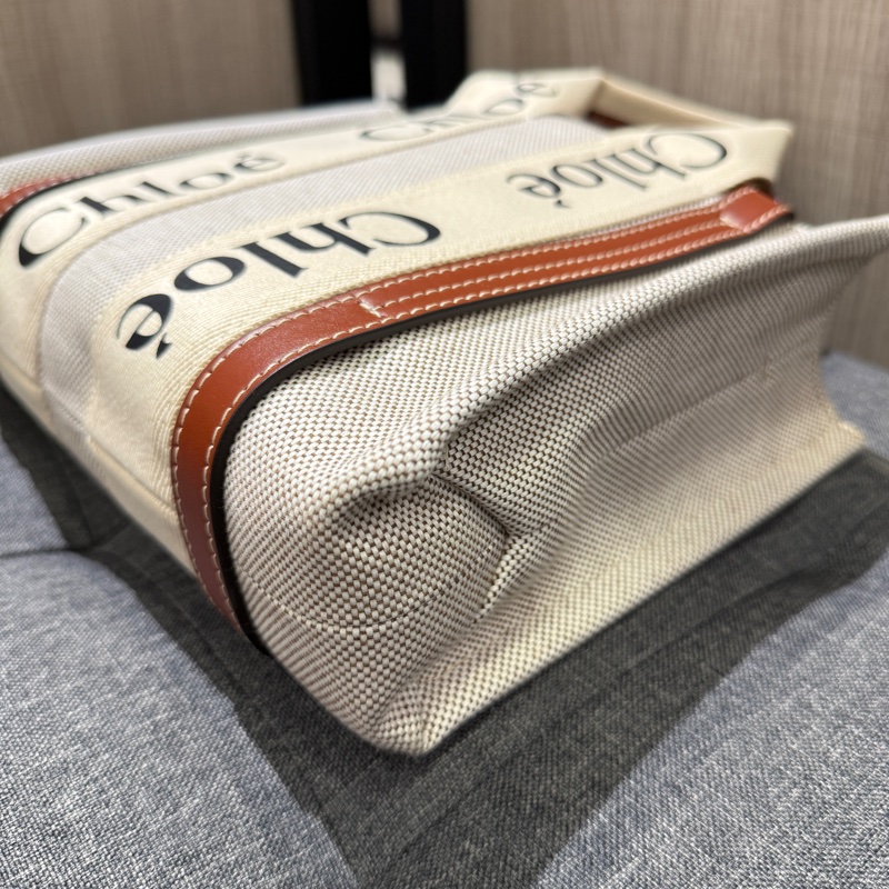 CHLOE Woody 小款米白色帆布拼焦糖皮革托特包 手提包斜背包-9