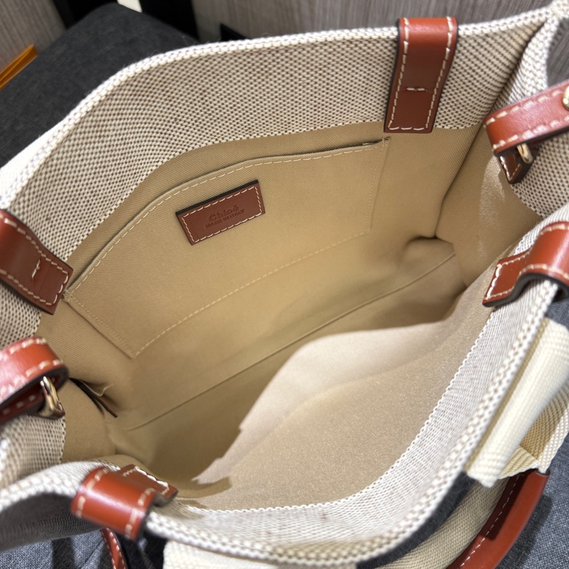 CHLOE Woody 小款米白色帆布拼焦糖皮革托特包 手提包斜背包-10