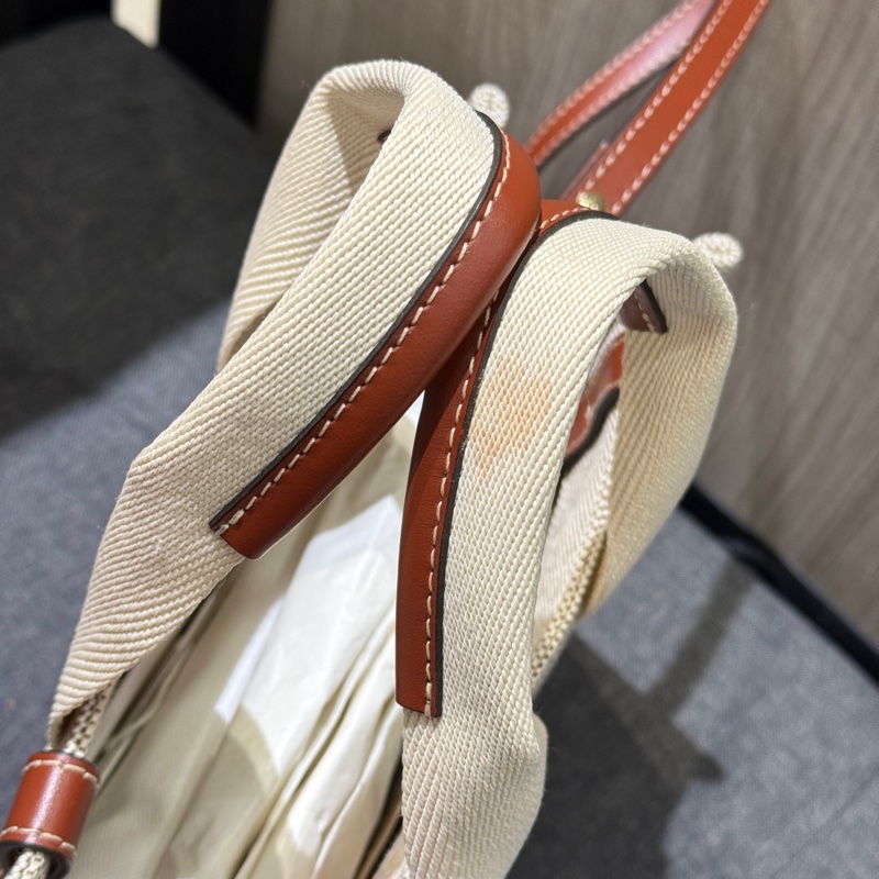 CHLOE Woody 小款米白色帆布拼焦糖皮革托特包 手提包斜背包-11