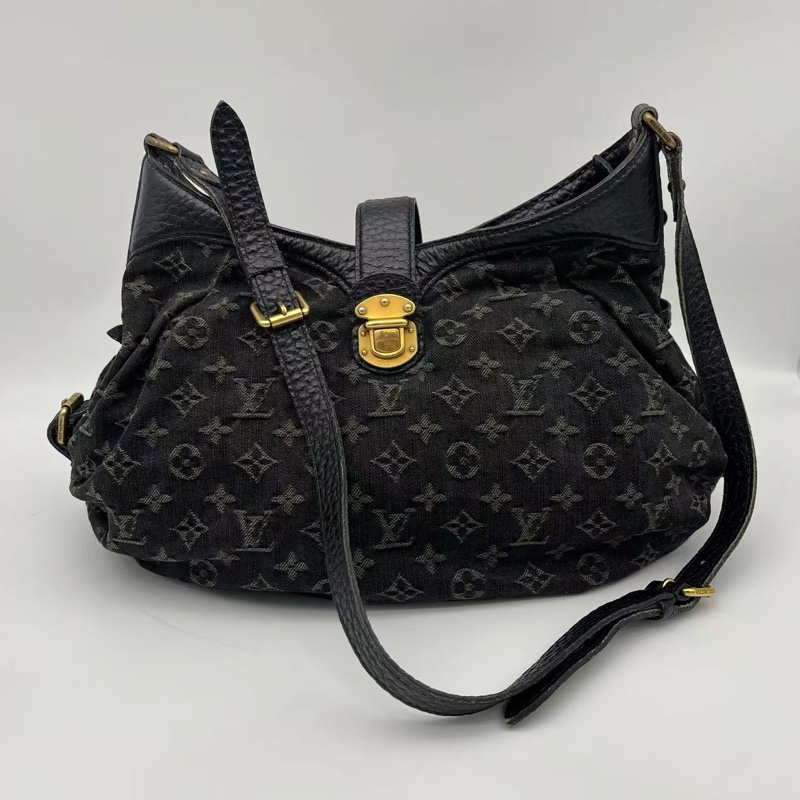 「JL精品代購」Lv黑灰老花單寧牛仔金扣單肩托特包-0