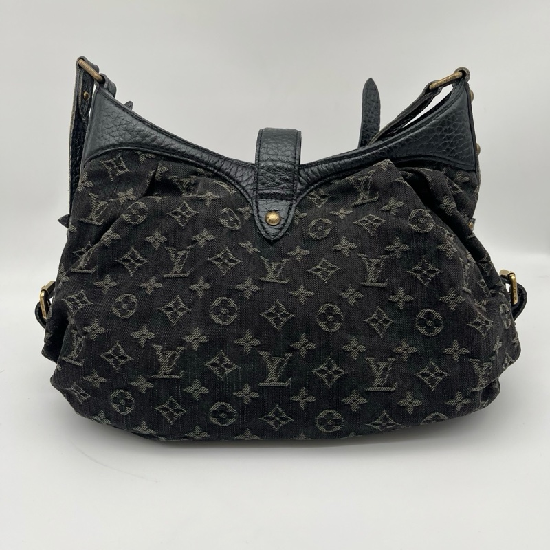 「JL精品代購」Lv黑灰老花單寧牛仔金扣單肩托特包-2