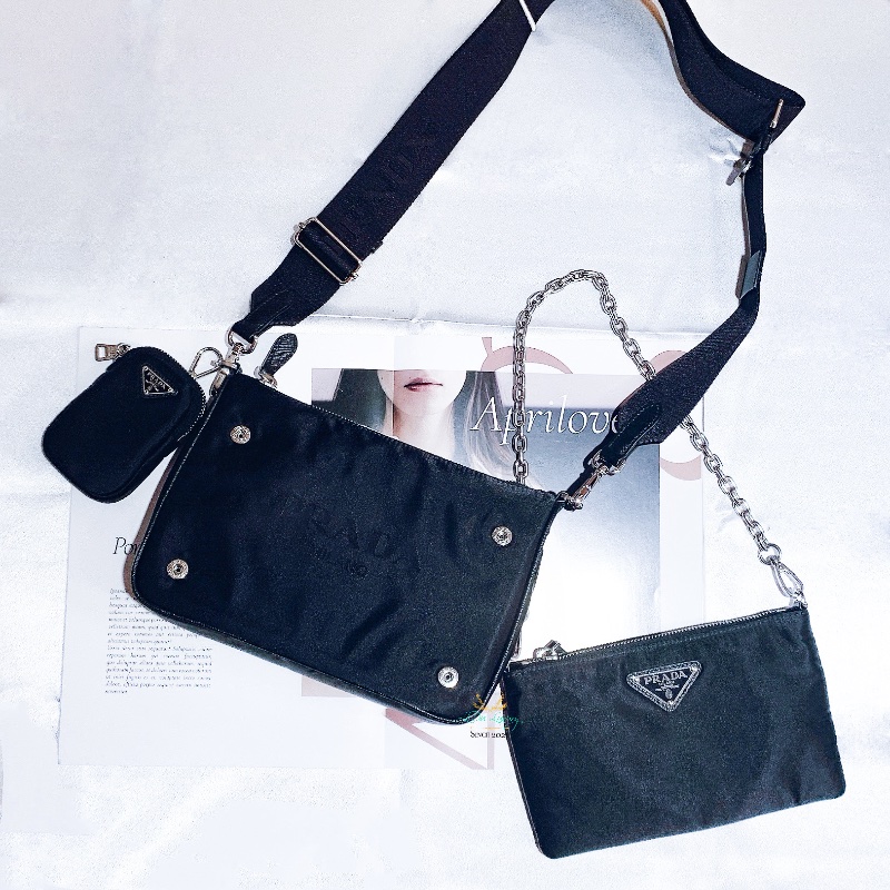 【 全新商品 】PRADA 1BH168 Re-Nylon 黑色 銀三角 尼龍 三合一 麻將包 鍊包 多空能背法-1