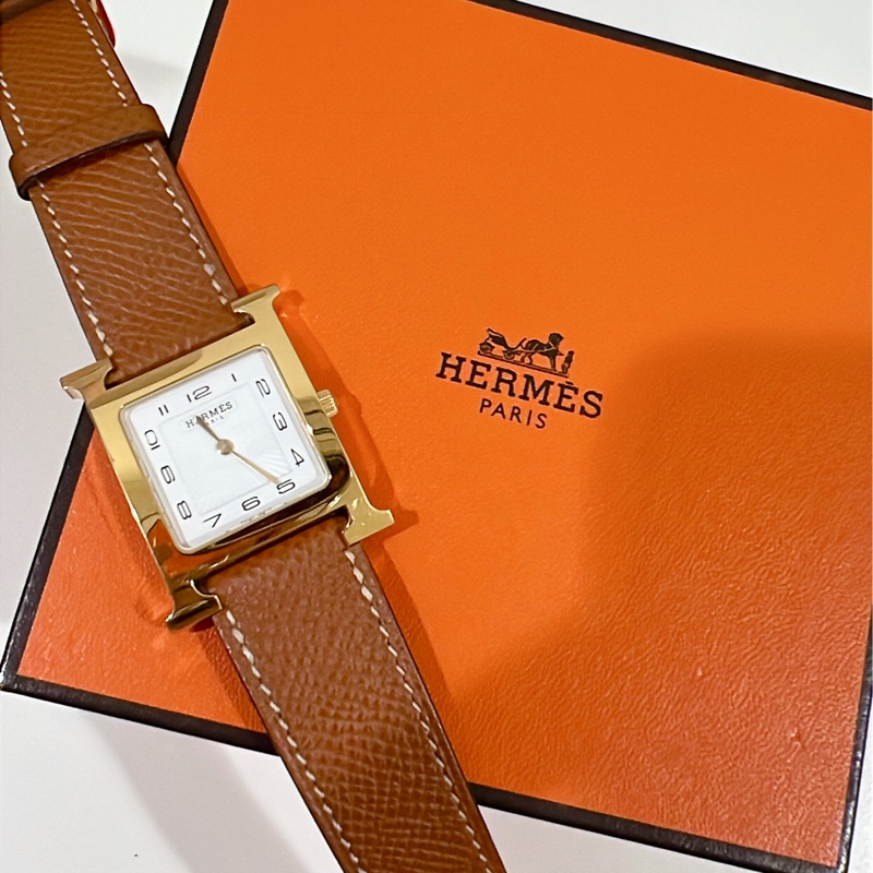 Hermes 愛馬仕 Heure H 經典H造型牛皮石英腕錶.咖/金 26mm-0