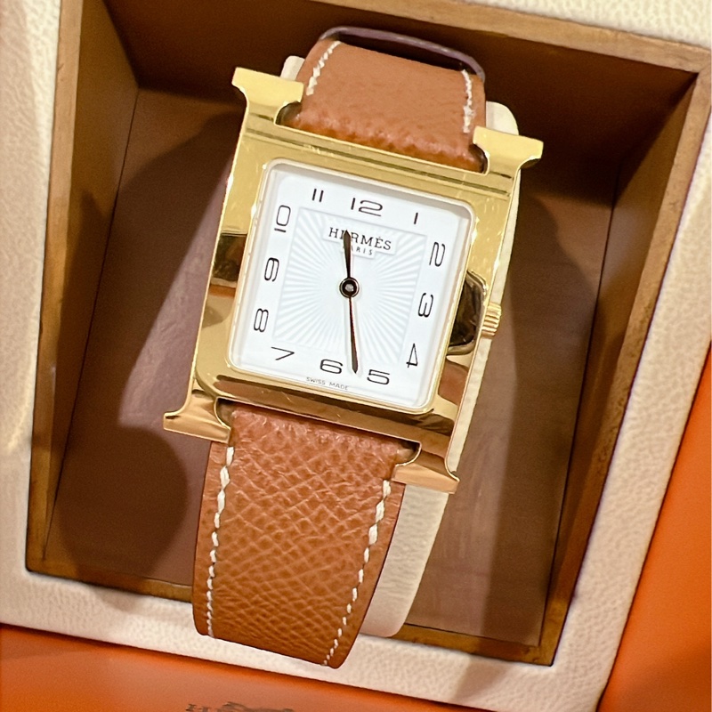 Hermes 愛馬仕 Heure H 經典H造型牛皮石英腕錶.咖/金 26mm-1