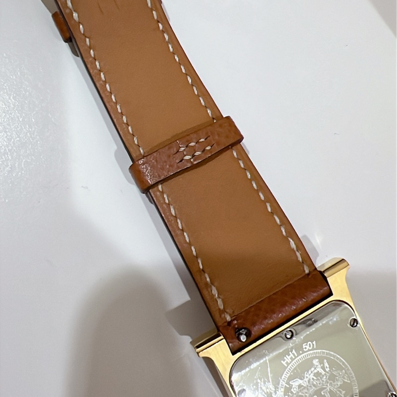 Hermes 愛馬仕 Heure H 經典H造型牛皮石英腕錶.咖/金 26mm-4