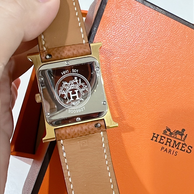 Hermes 愛馬仕 Heure H 經典H造型牛皮石英腕錶.咖/金 26mm-10