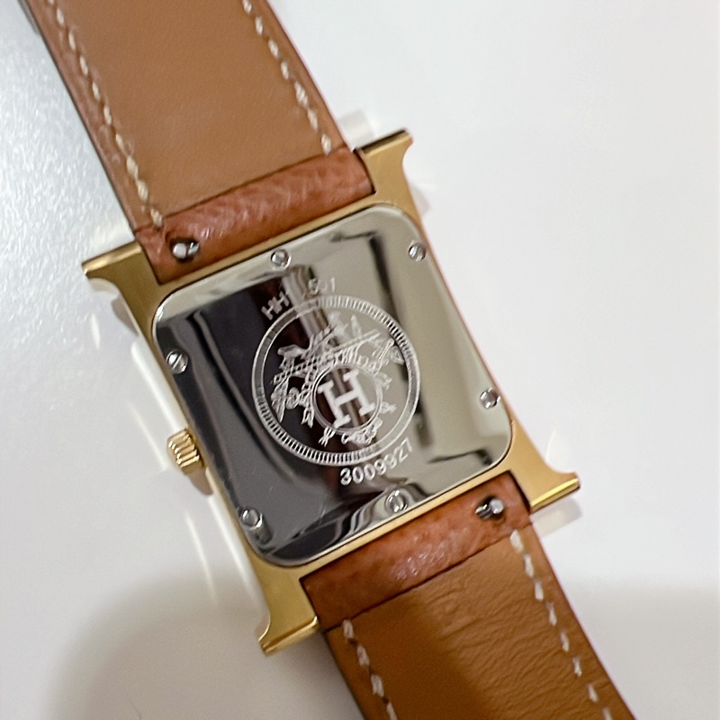Hermes 愛馬仕 Heure H 經典H造型牛皮石英腕錶.咖/金 26mm-11