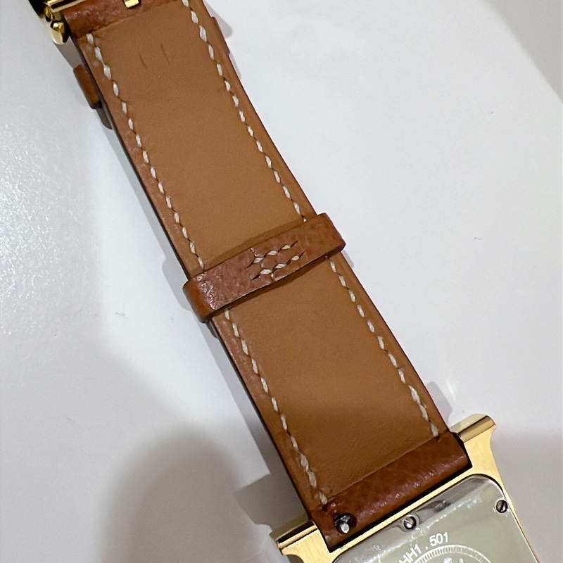 Hermes 愛馬仕 Heure H 經典H造型牛皮石英腕錶.咖/金 26mm-13