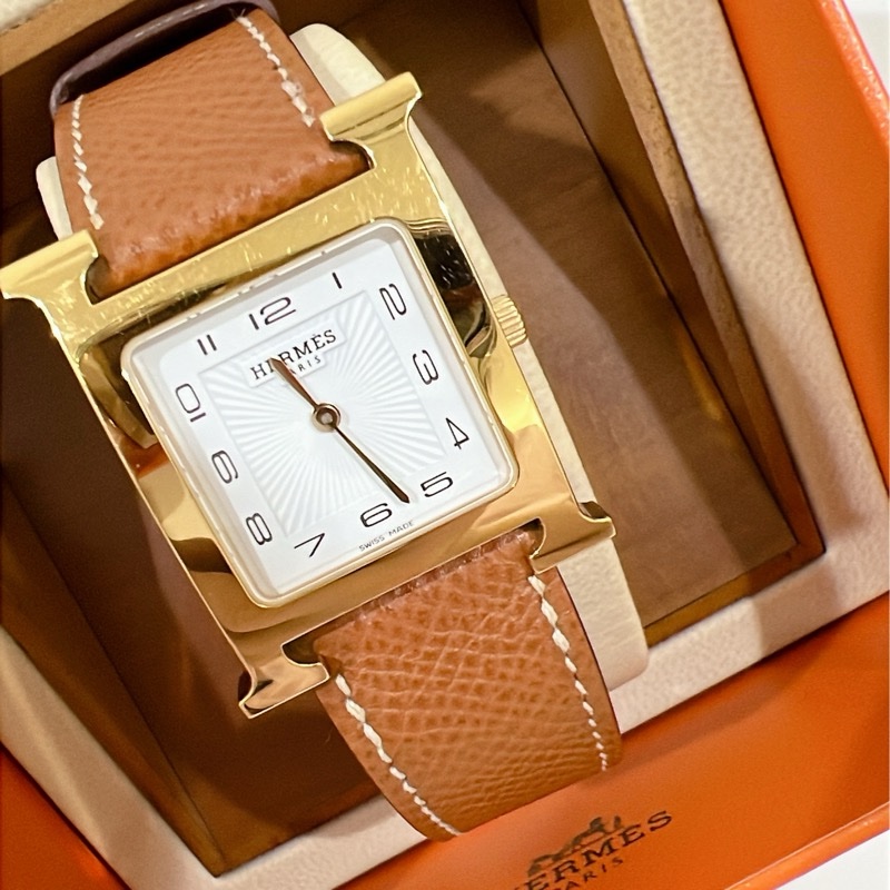 Hermes 愛馬仕 Heure H 經典H造型牛皮石英腕錶.咖/金 26mm-15