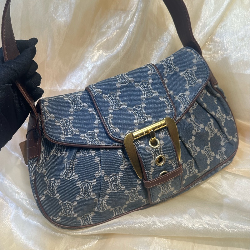 Celine 帆布 shoulder Bag金扣肩背帶藍色-0