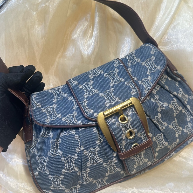 Celine 帆布 shoulder Bag金扣肩背帶藍色-1
